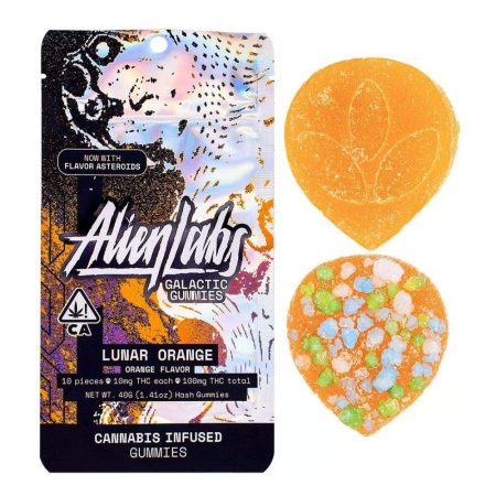 Alien Labs cannabis-infused hash gummies with flavor asteroids. ----- Flavor: Orange ----- 10mg per gummy 10 gummies per package 100mg total